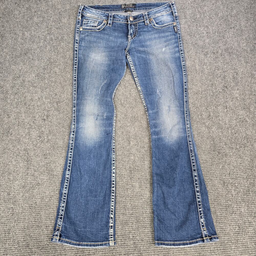 Silver Jeans Twisted Womens 30x33 Blue Bootcut Thick Stitch Distressed